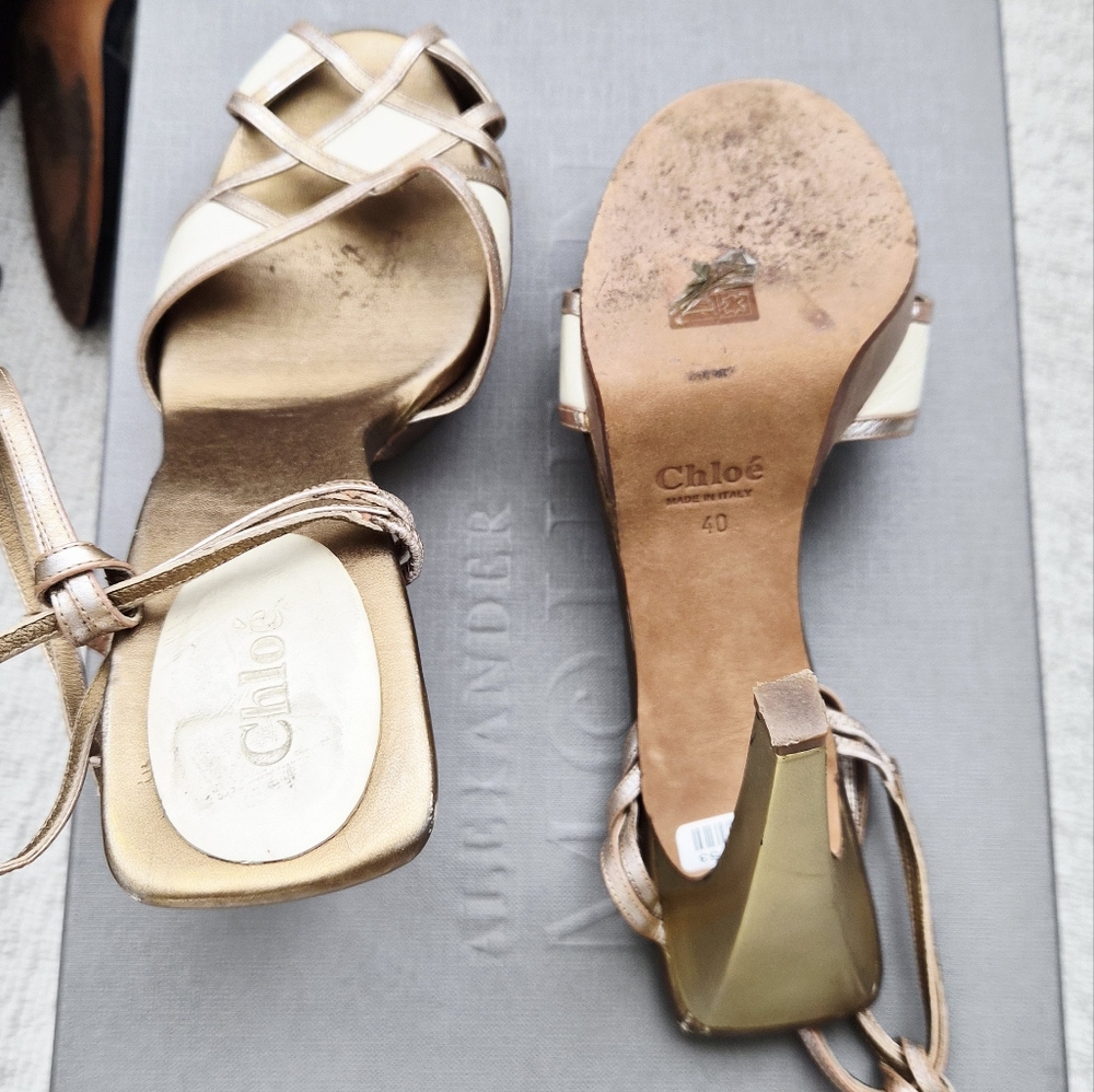Chloe Metallic Strappy Heels - Cream and Tan - Picture 2 of 7